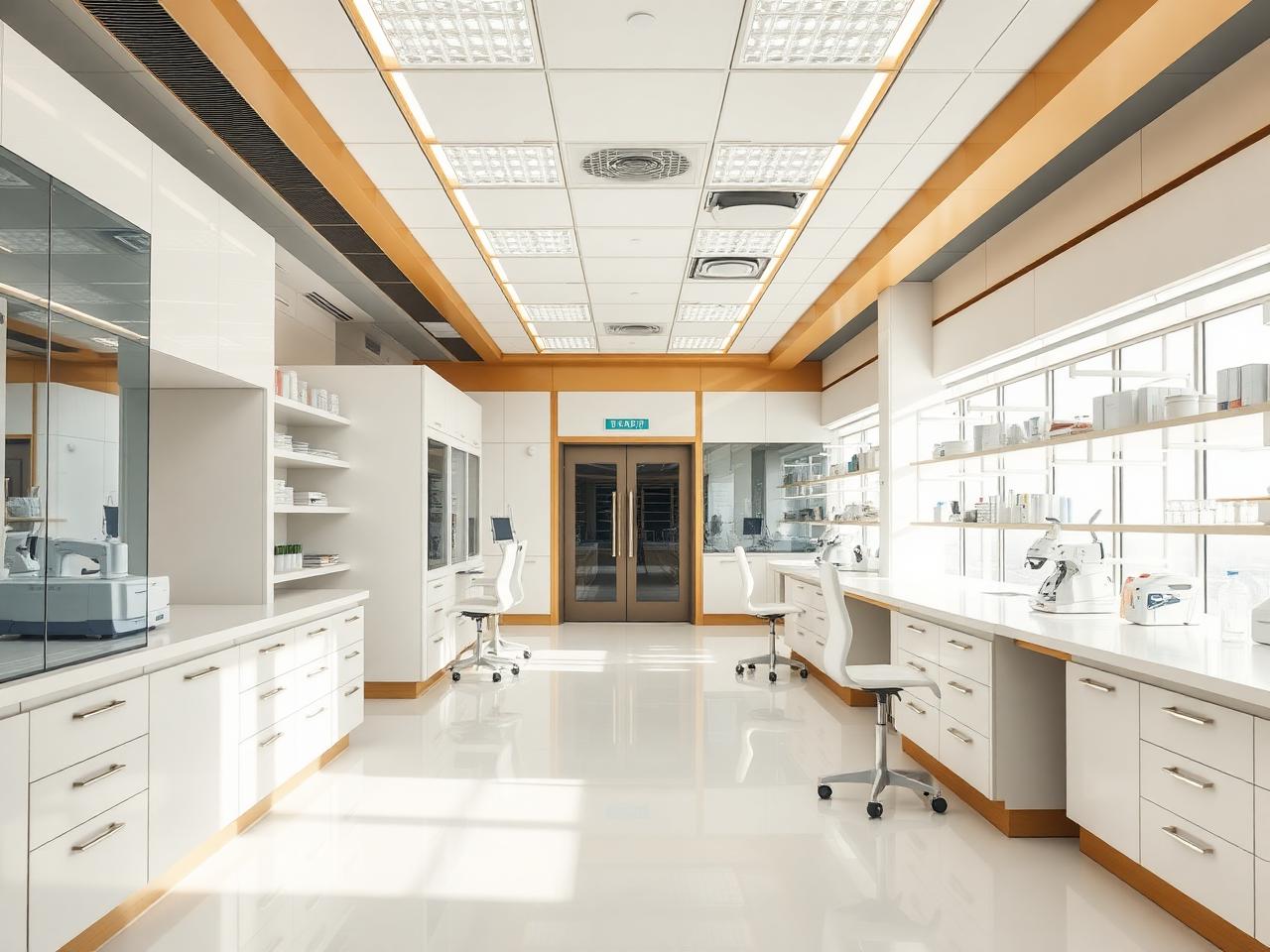Bright modern Veltrane Laboratories interior with advanced pharmaceutical equipment
